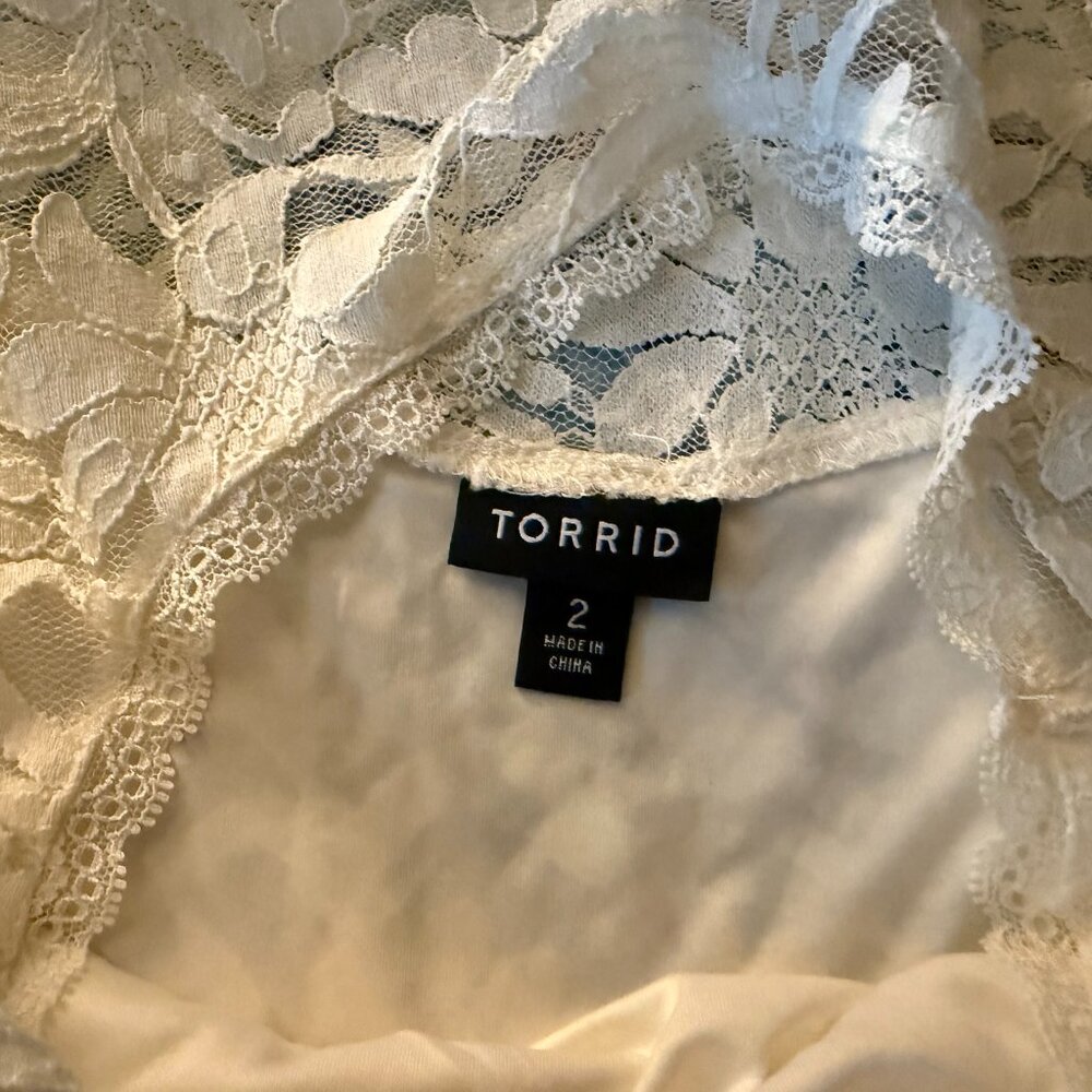 Torrid Stretch Lace And Mesh Crew Neck Long Sleeve Top Ivory - Picture 6 of 7